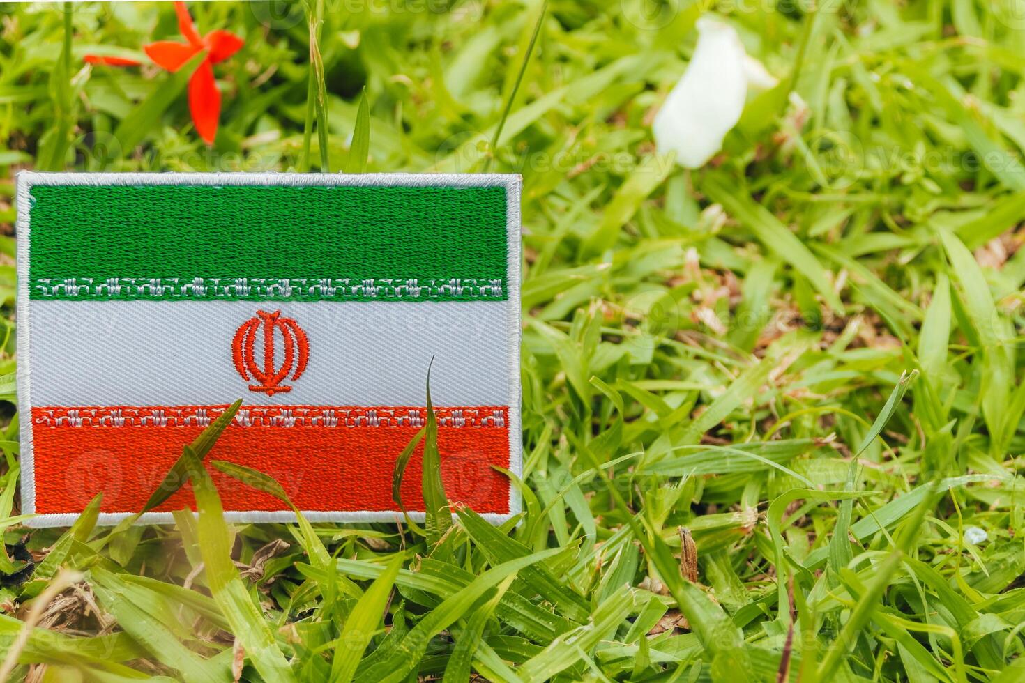 Embroidered Iranian flag on green grass, aligned to the left with copy space on the right. Captured with natural light. Theme Earth Day, eco, patriotism. photo