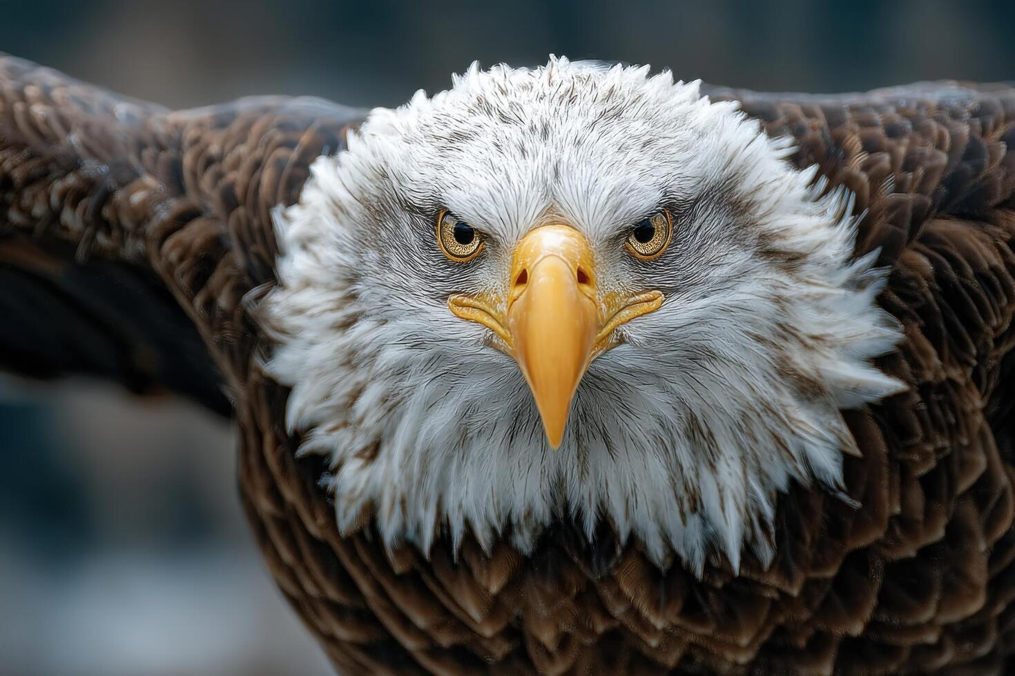 A bald eagle displays its impressive wings and focused gaze in a natural habitat, showcasing stunning details of its feathers in sunlight photo