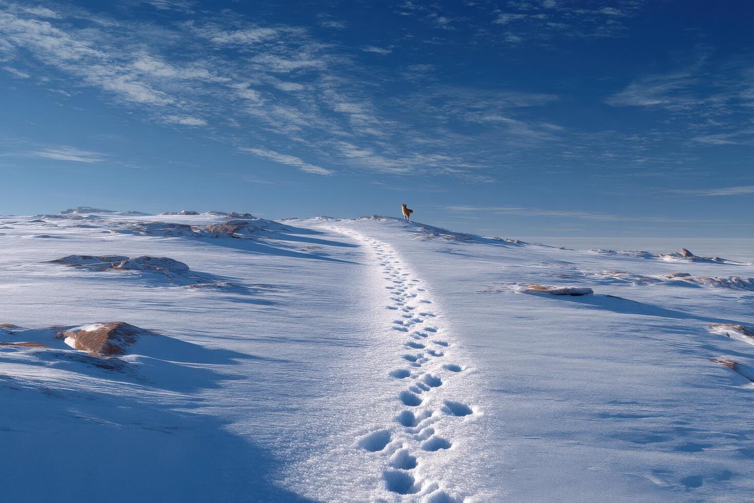 Footprints in fresh snow lead towards a distant figure on a snowy terrain, with bright blue skies and scattered clouds in the background photo