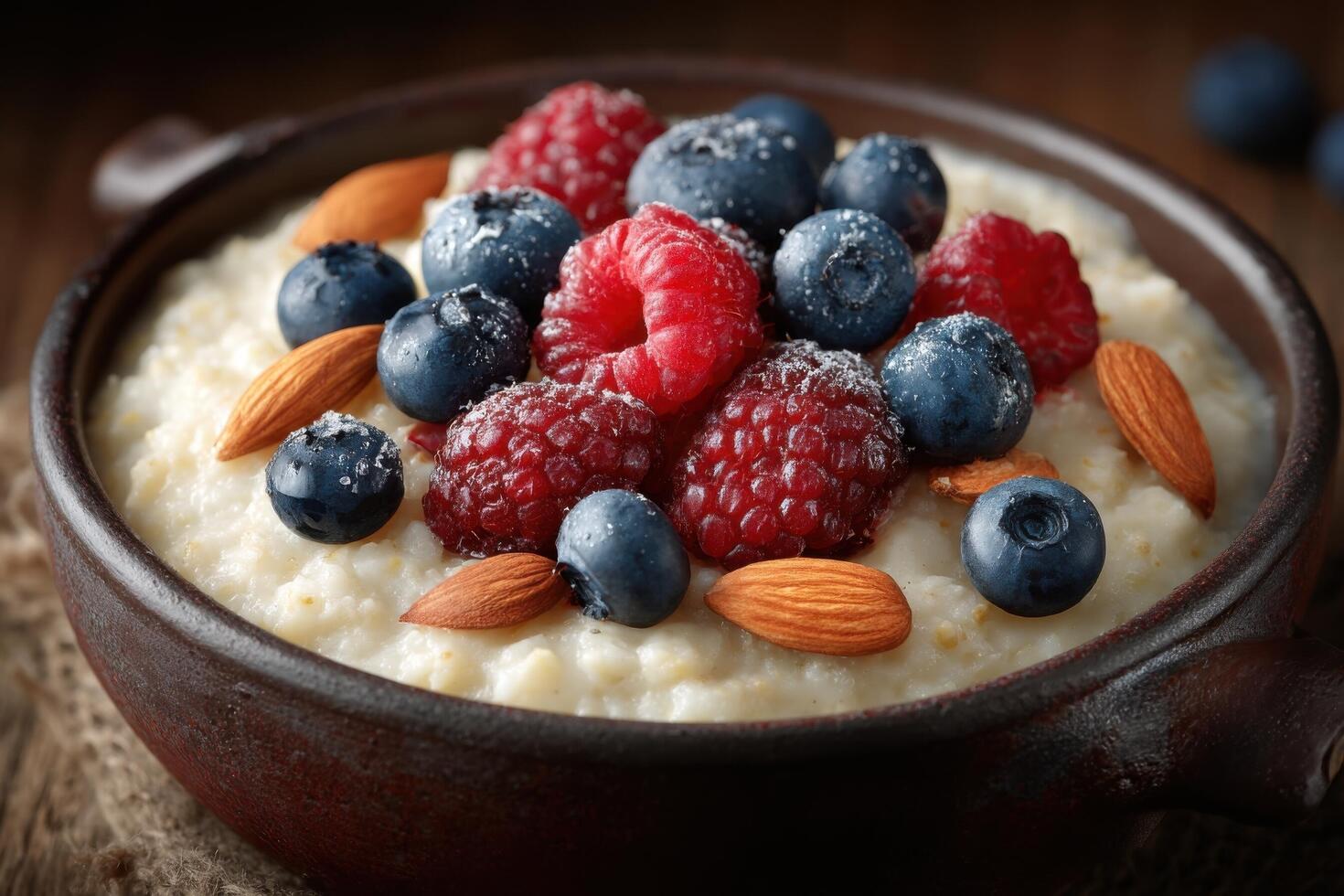 Bowl of creamy oatmeal topped with vibrant raspberries, blueberries, and almonds, showcasing a nutritious breakfast option photo