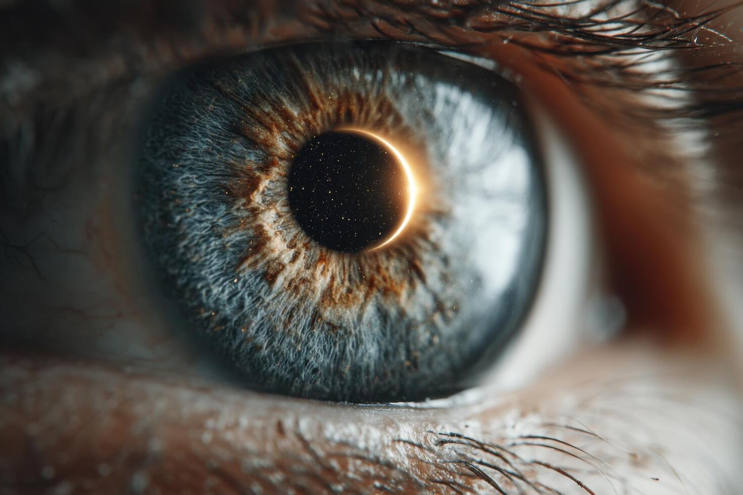 A close-up view of an eye featuring intricate details and a cosmic scene inside reflecting a solar eclipse surrounded by stars photo