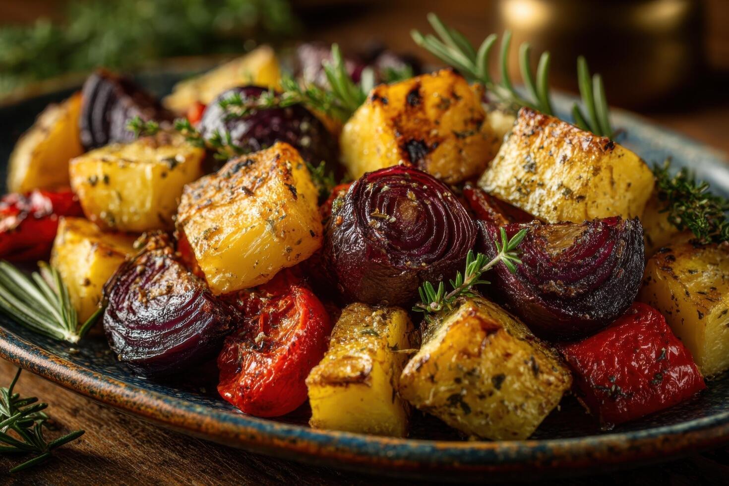 A vibrant assortment of roasted vegetables including potatoes, onions, and bell peppers garnished with fresh herbs. Warm kitchen ambiance photo