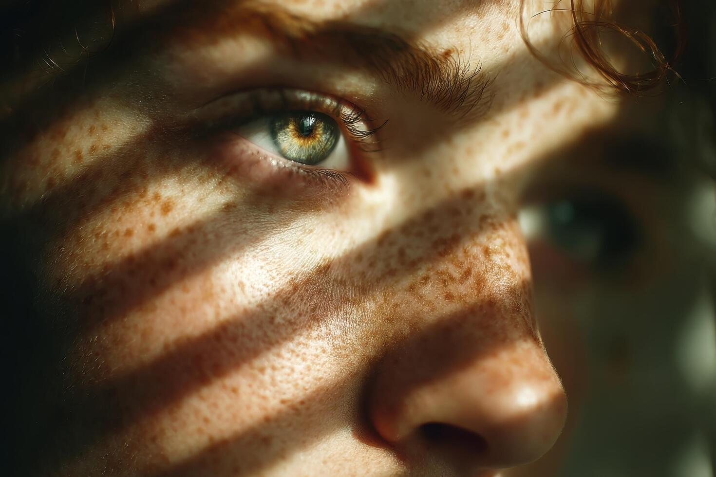 Sunlight filters through blinds and casts shadows on a person's face, emphasizing their striking eye color and freckles, creating a dramatic effect photo