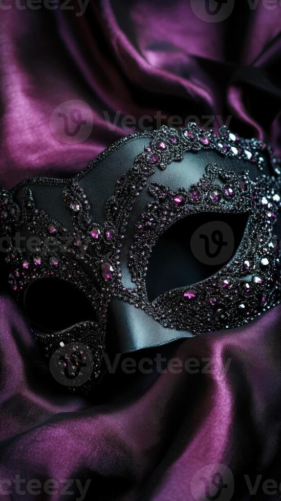 A black mask with purple satin on a purple cloth photo