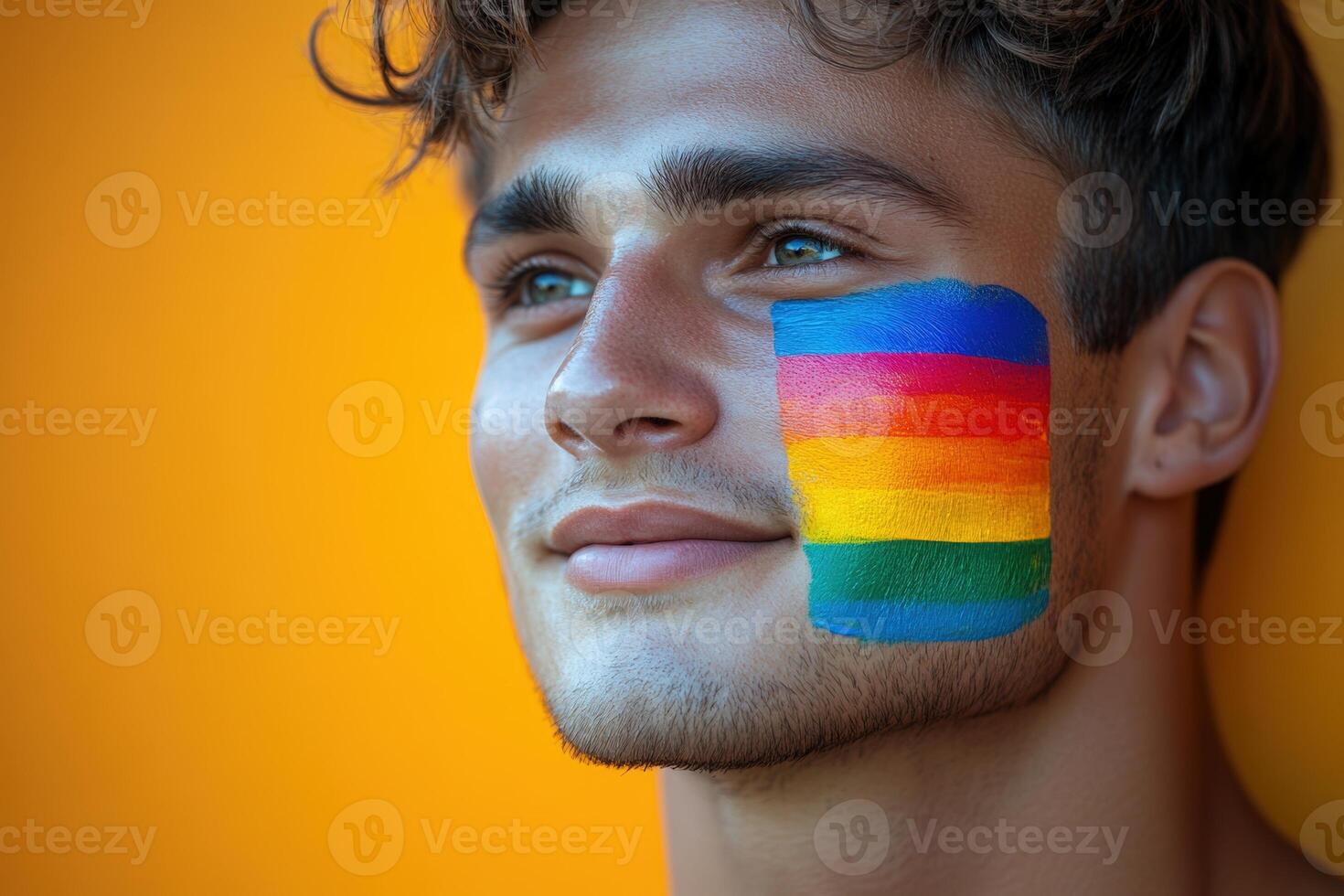 A young man with rainbow painted on his face. photo