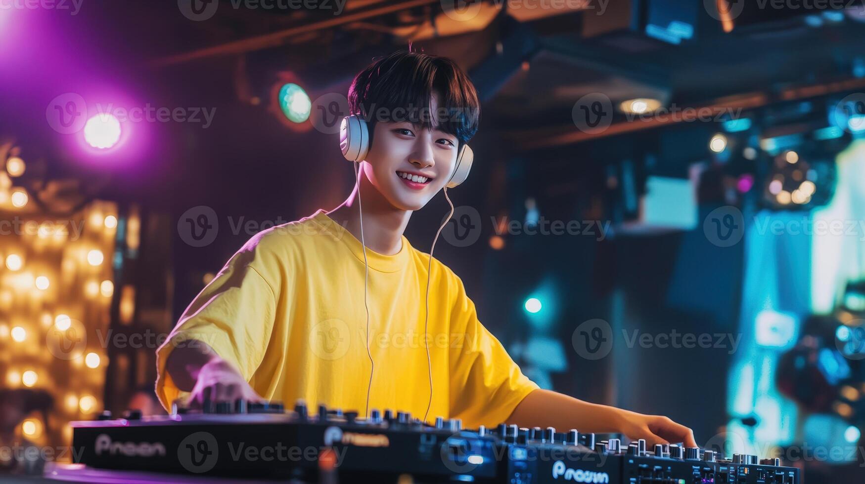 A young man in yellow shirt playing on a dj mixer photo