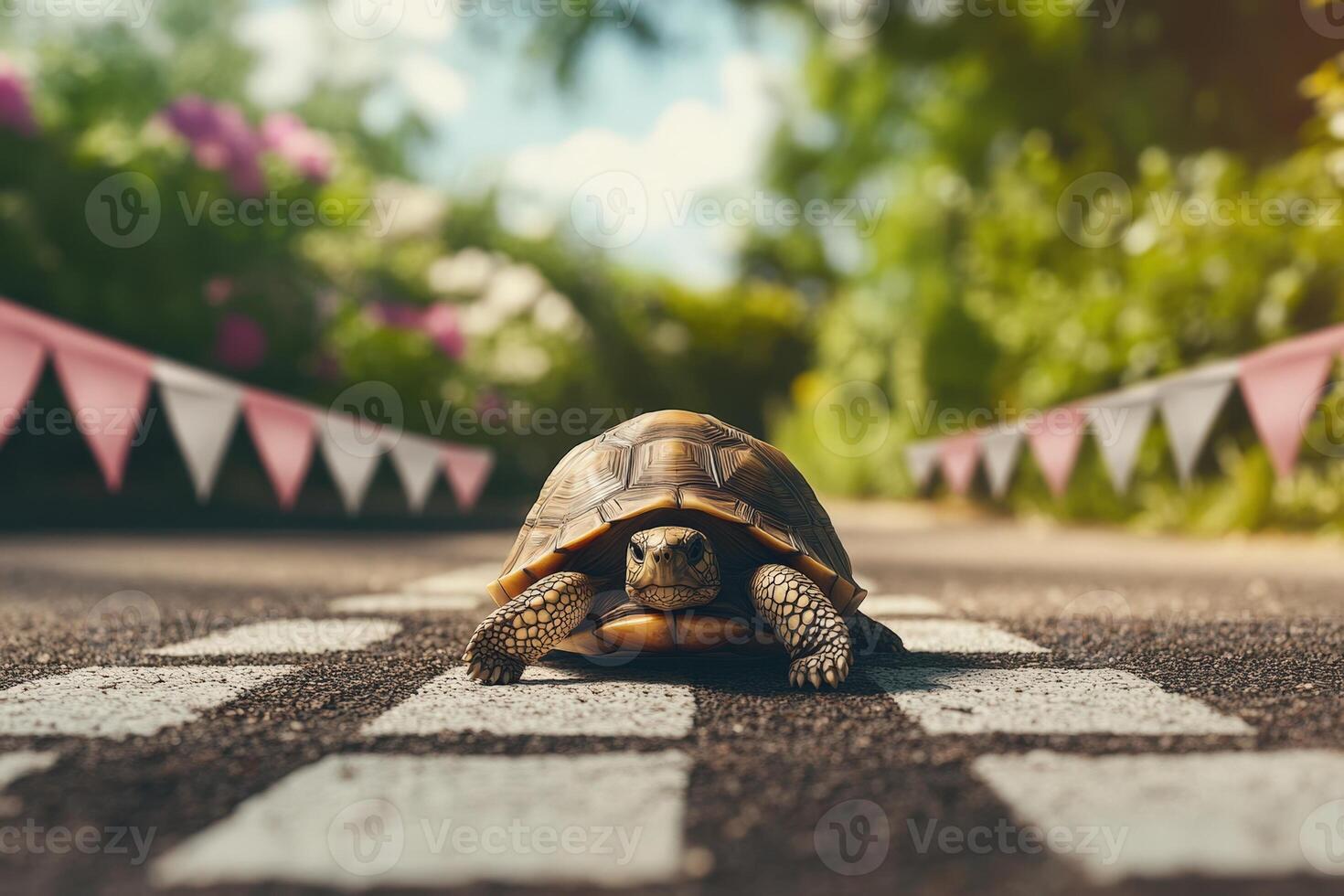 A tortoise is walking on a road with flags photo