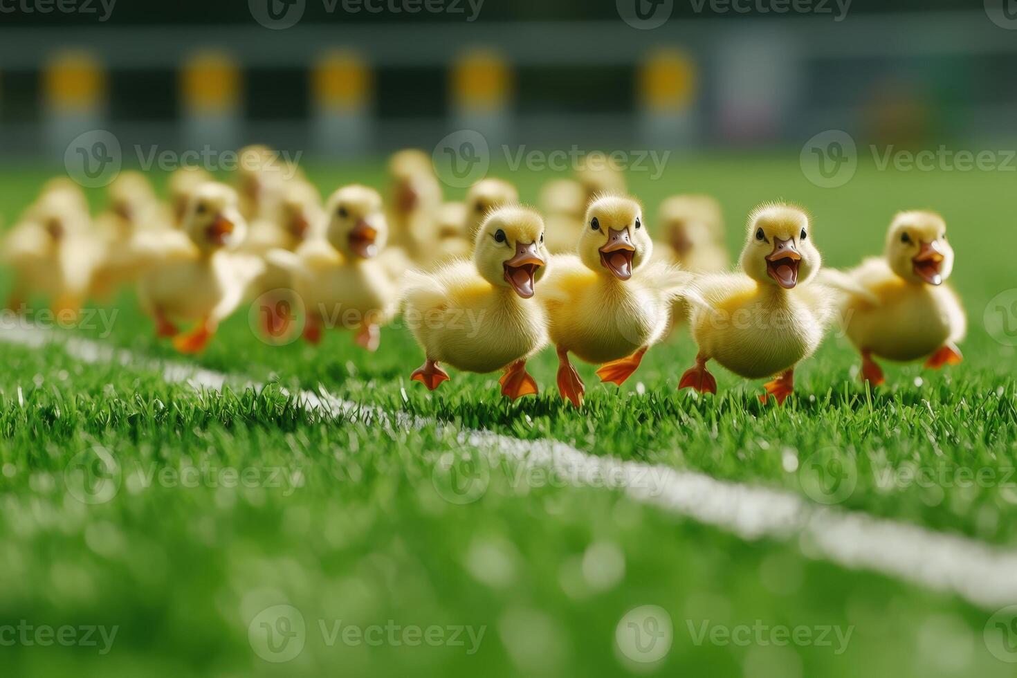 A group of ducks running across a field photo