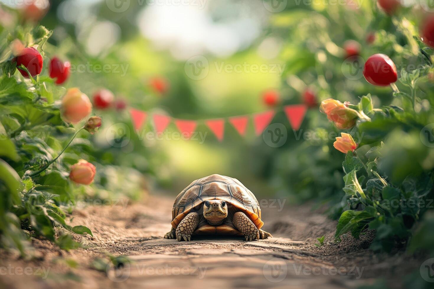 A tortoise walking through a garden with red and white bunting photo