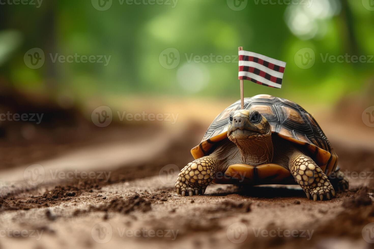 A tortoise with a flag on its back photo