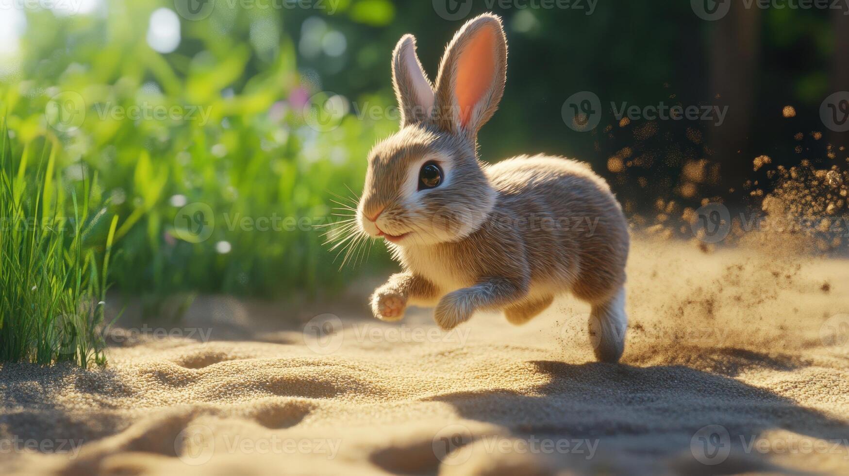 A small rabbit running through the sand photo