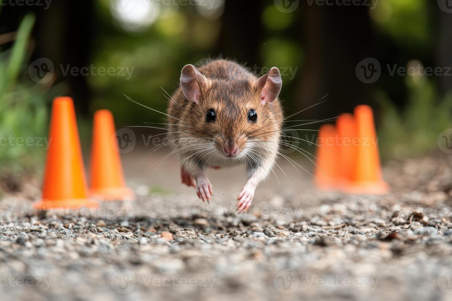 A mouse running through orange cones on a road photo