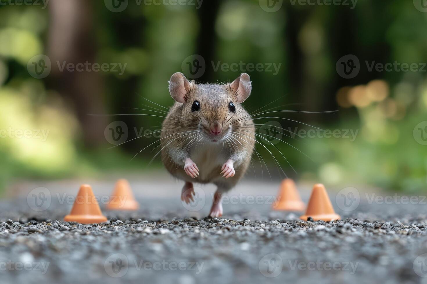 A mouse running through cones on a road photo