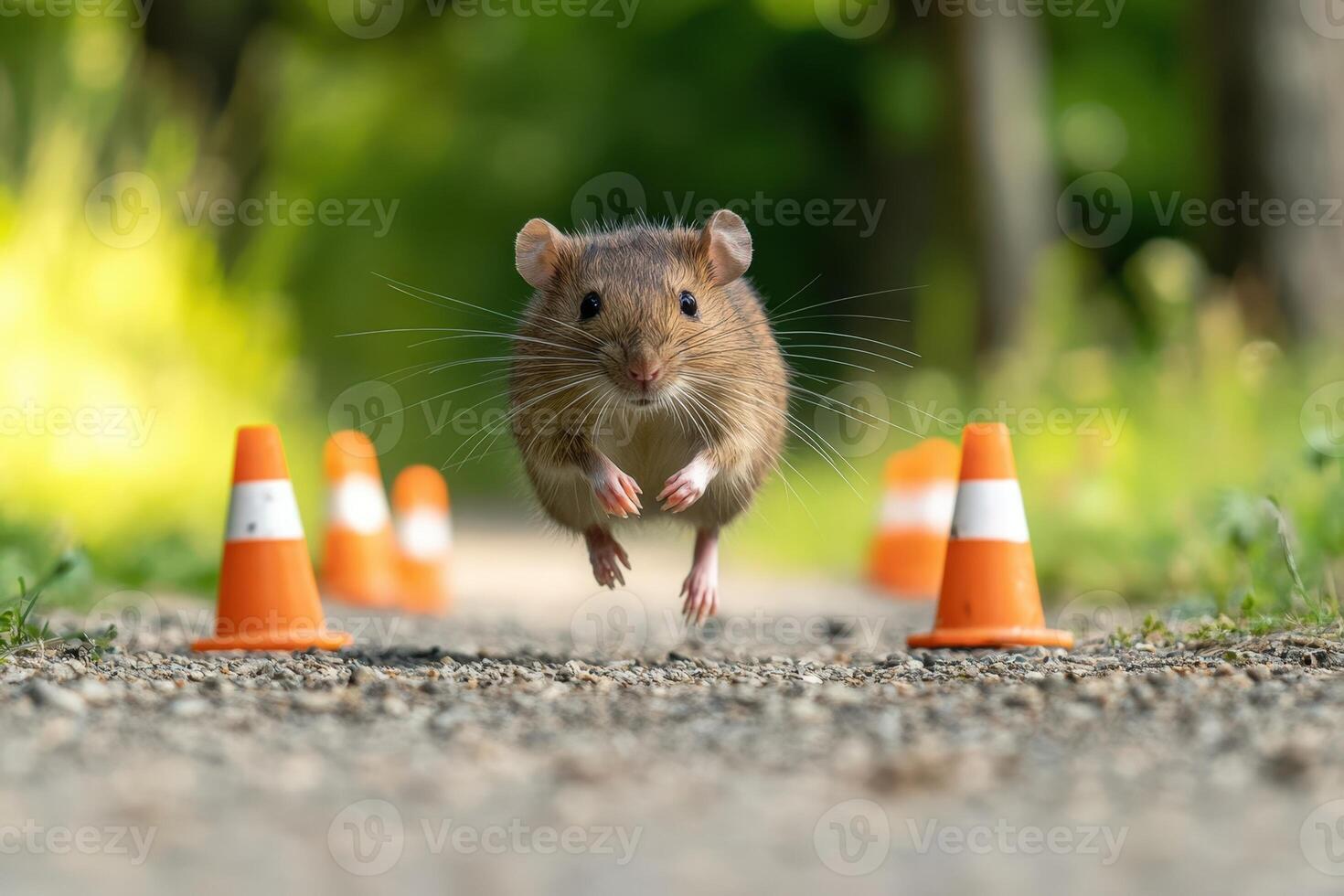 A mouse running through traffic cones on a road photo
