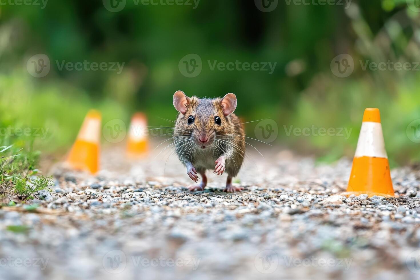 A mouse is walking on a road with cones photo