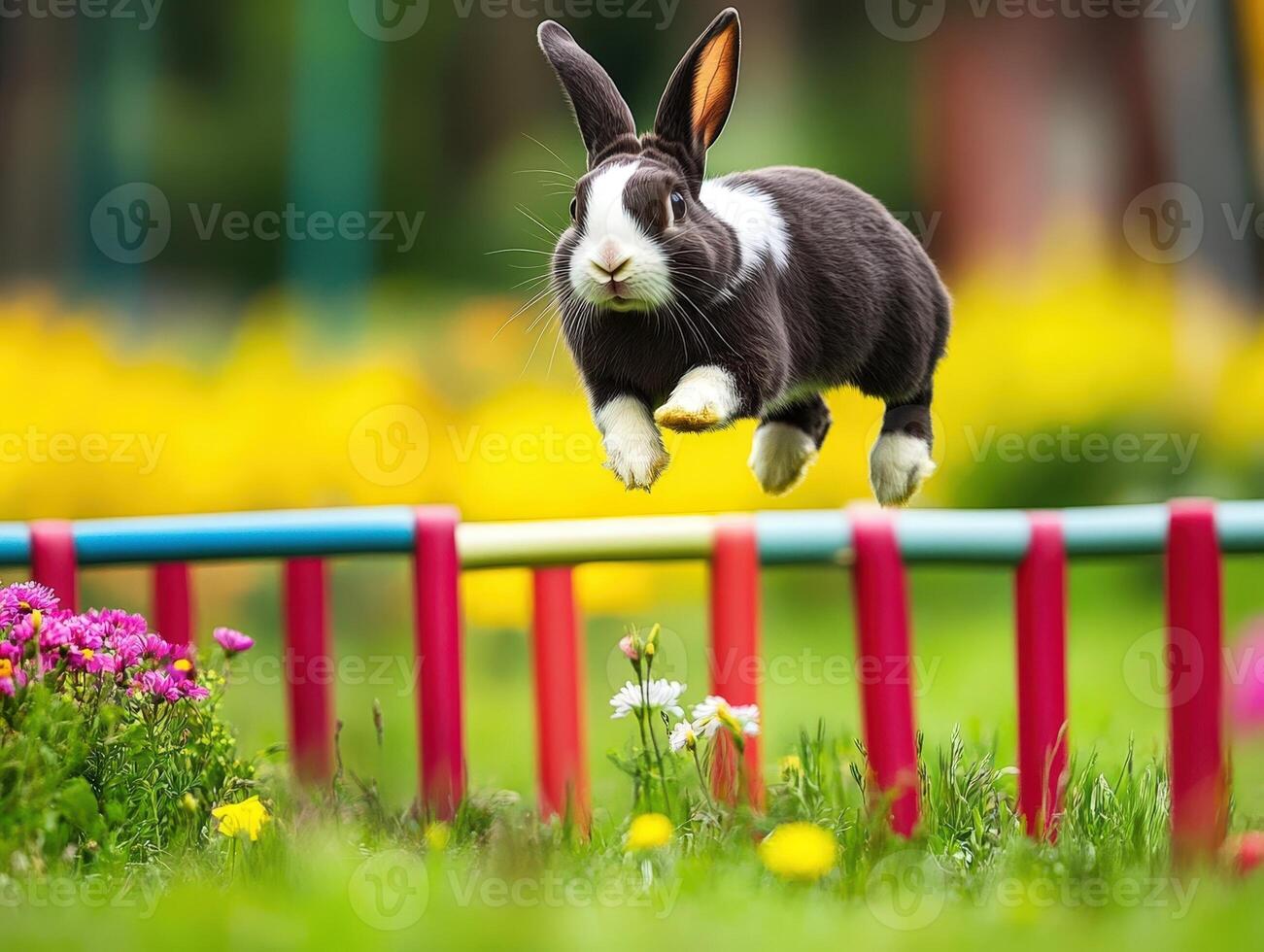 A rabbit jumping over a wooden obstacle photo
