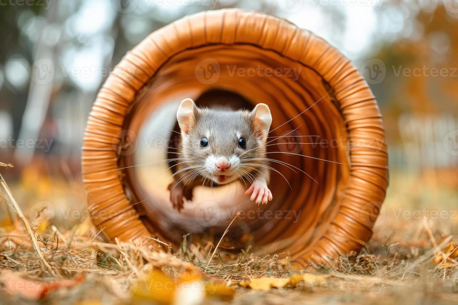 A small rat is in a wicker basket photo