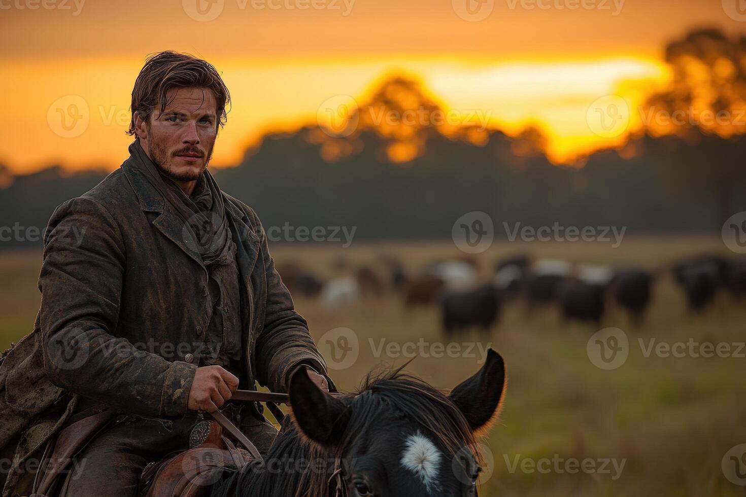 A man in a cowboy outfit rides a horse in front of a herd of cattle photo