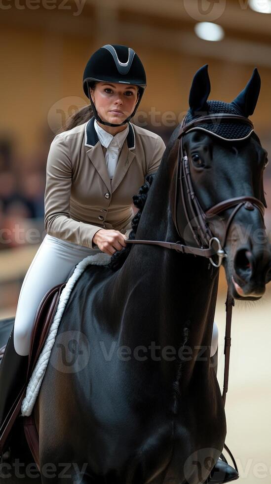 A woman riding a horse in an arena photo