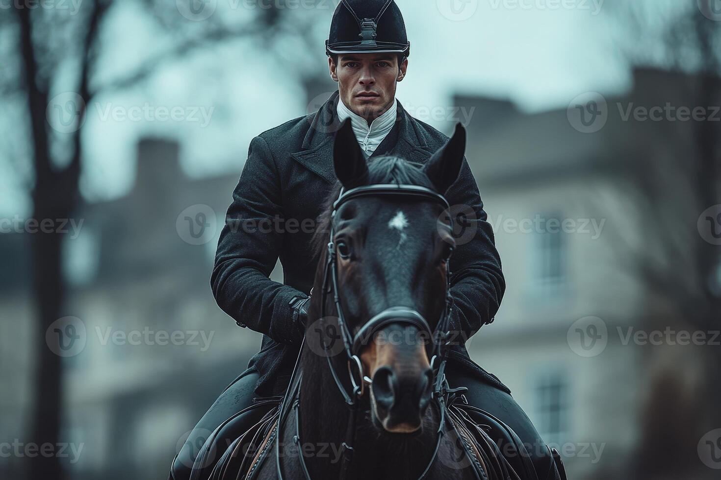 Male Equestrian in Riding Attire on Horseback in Front of Building, Closeup Photo. photo