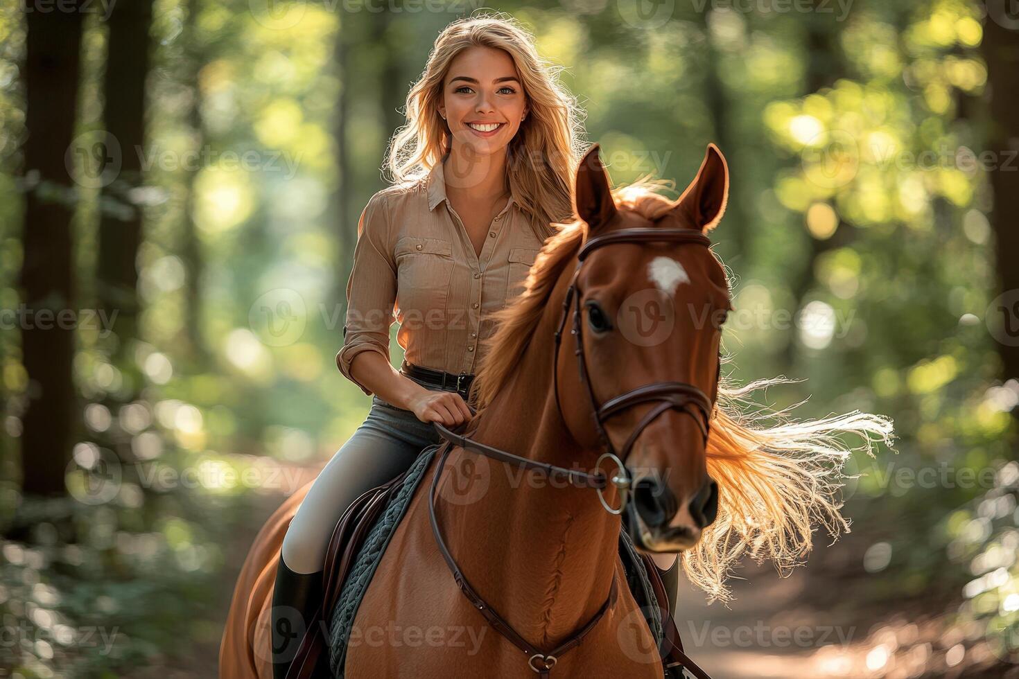 A beautiful blonde woman riding a horse through the woods photo