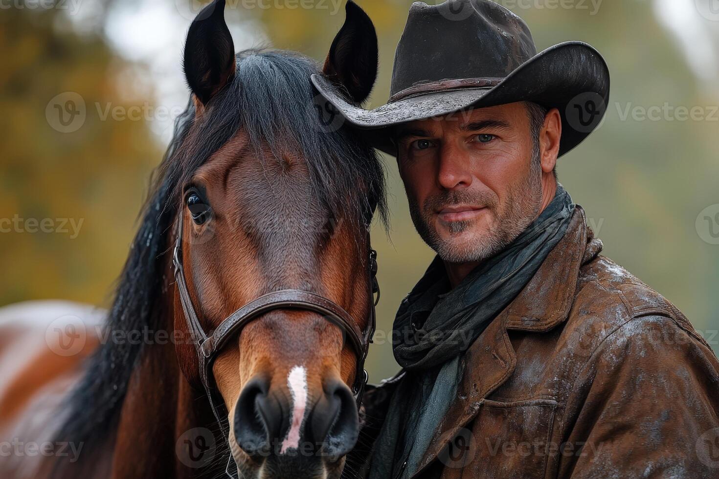 A man in a cowboy hat and jacket standing next to a horse photo