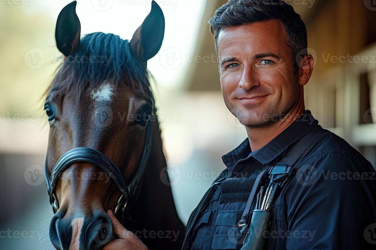 Young Man and Black Horse in Stable, Closeup Photo. photo
