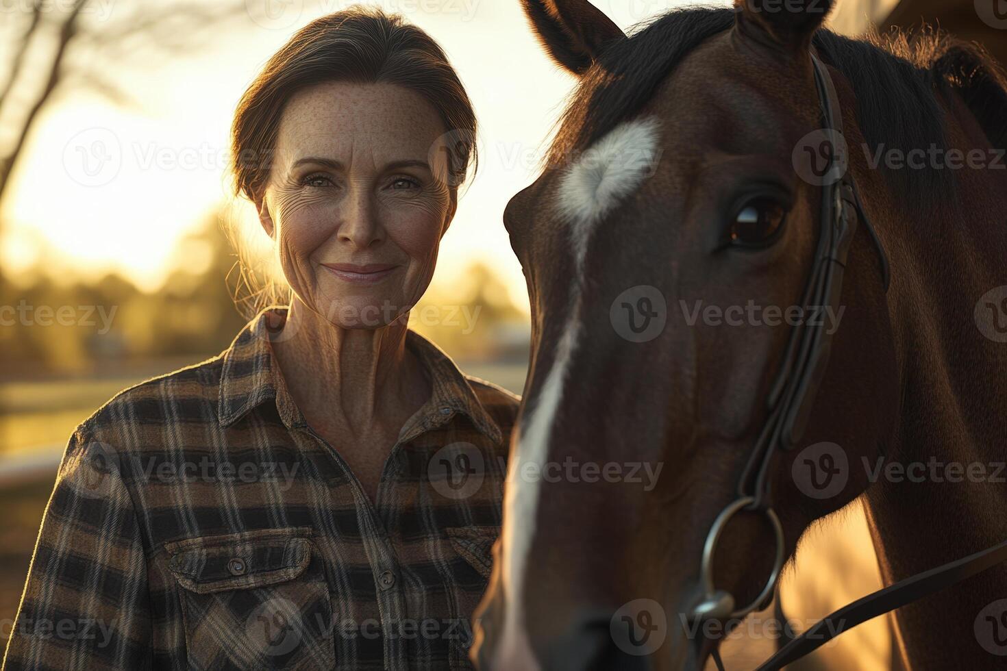 A woman in a plaid shirt is standing next to a horse photo