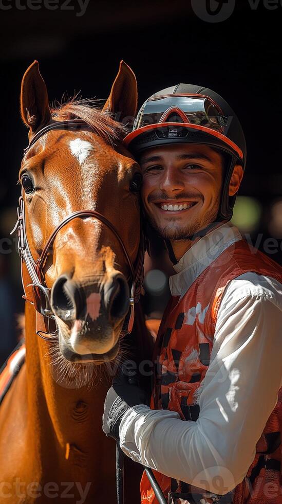 A man and his horse are smiling at the camera photo