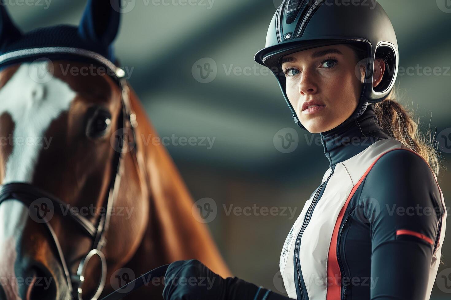 A woman in a helmet and riding gear is standing next to a horse photo