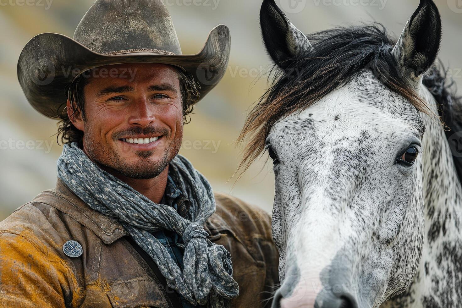 A man in a cowboy hat and jacket is smiling next to a horse photo