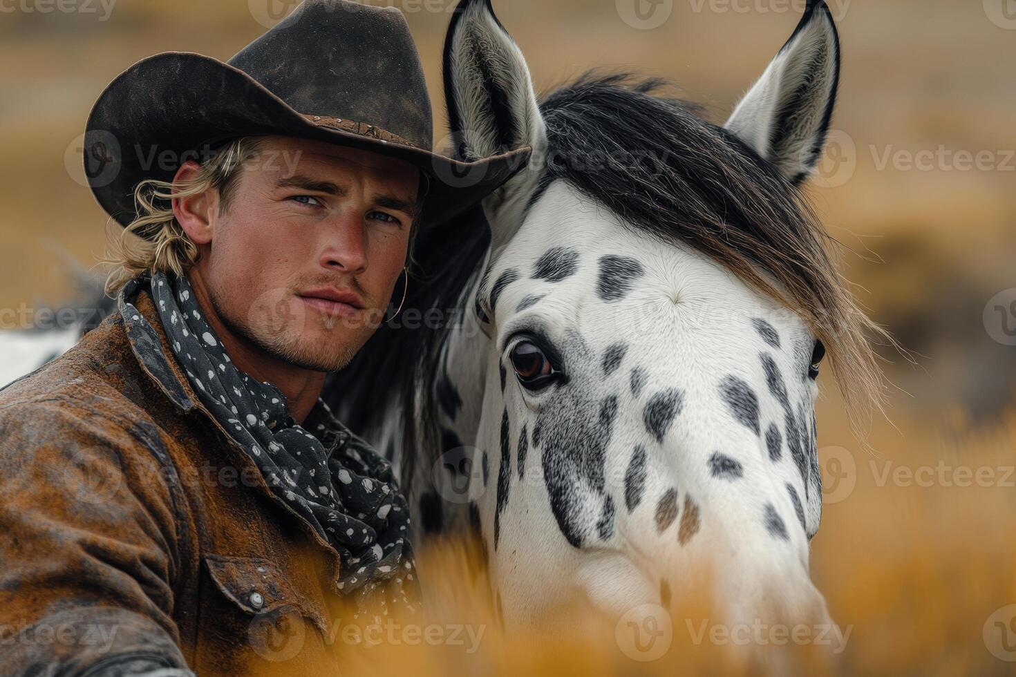 A man in cowboy hat and black hat is standing next to a horse photo