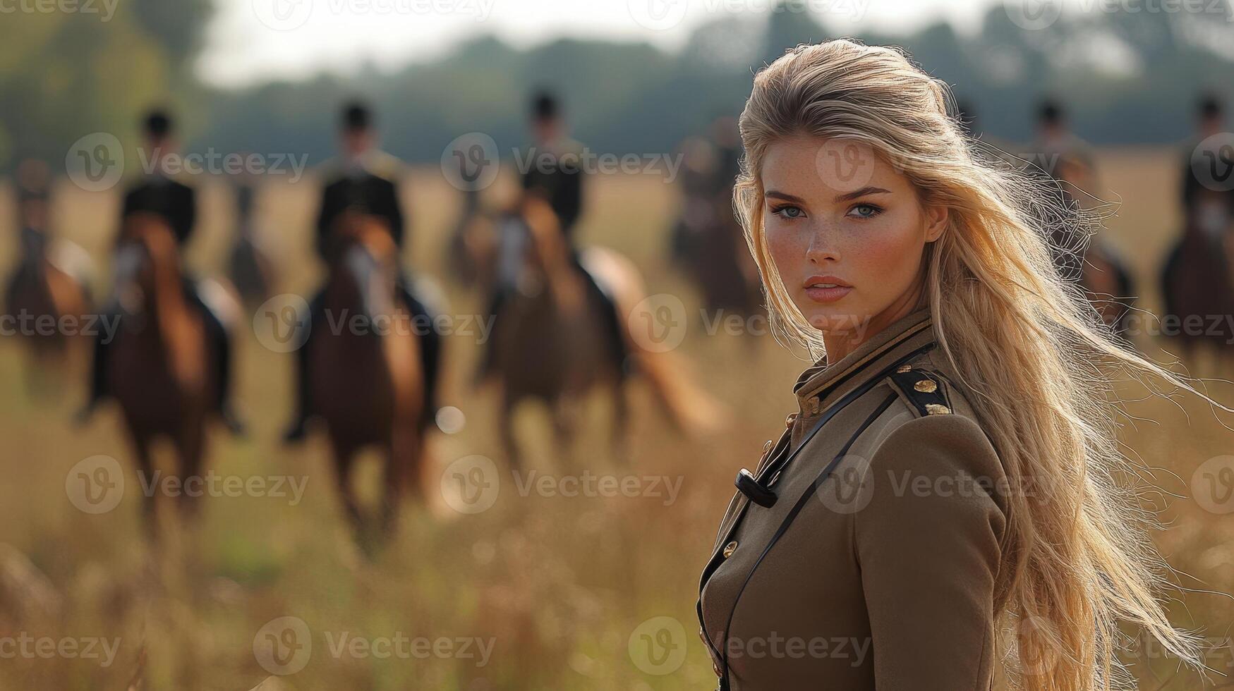 Blonde Woman Standing in Front of Blurred Horseback Rider Background. photo