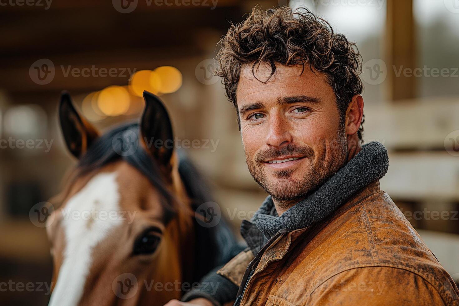 Young Man and Bay Horse in Stable, Closeup Photo. photo