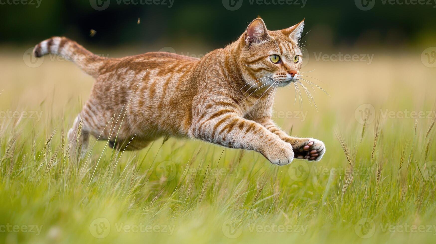 An orange tabby cat running through a field photo