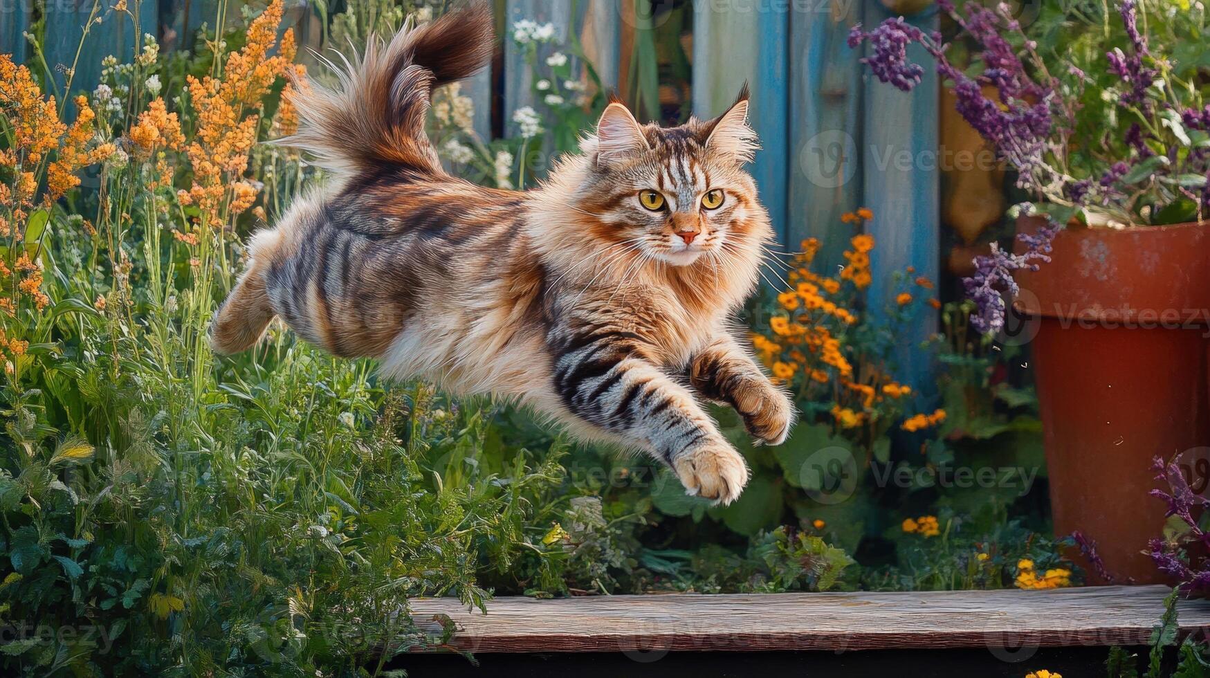 A cat running through a garden photo