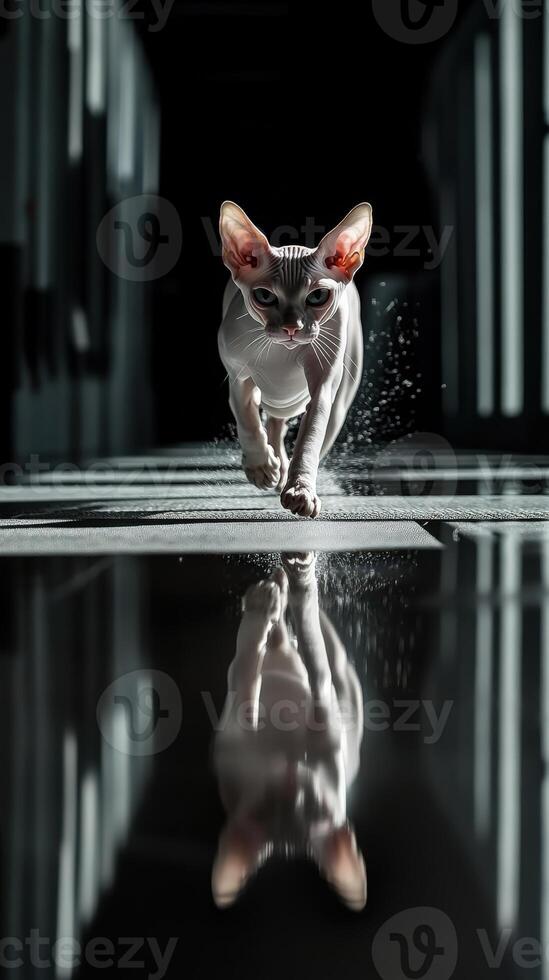 Sphynx Cat Running Through Water on Reflective Surface. photo