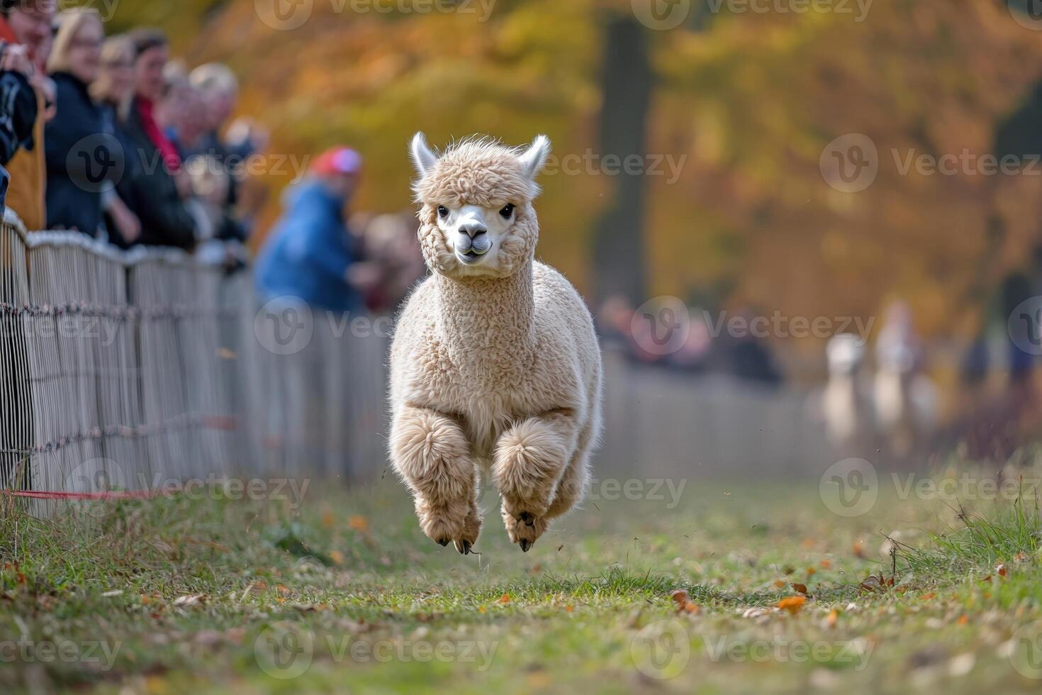 A llama running through the field with people watching photo