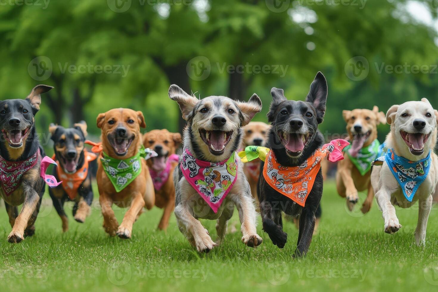 A group of dogs running in a field photo