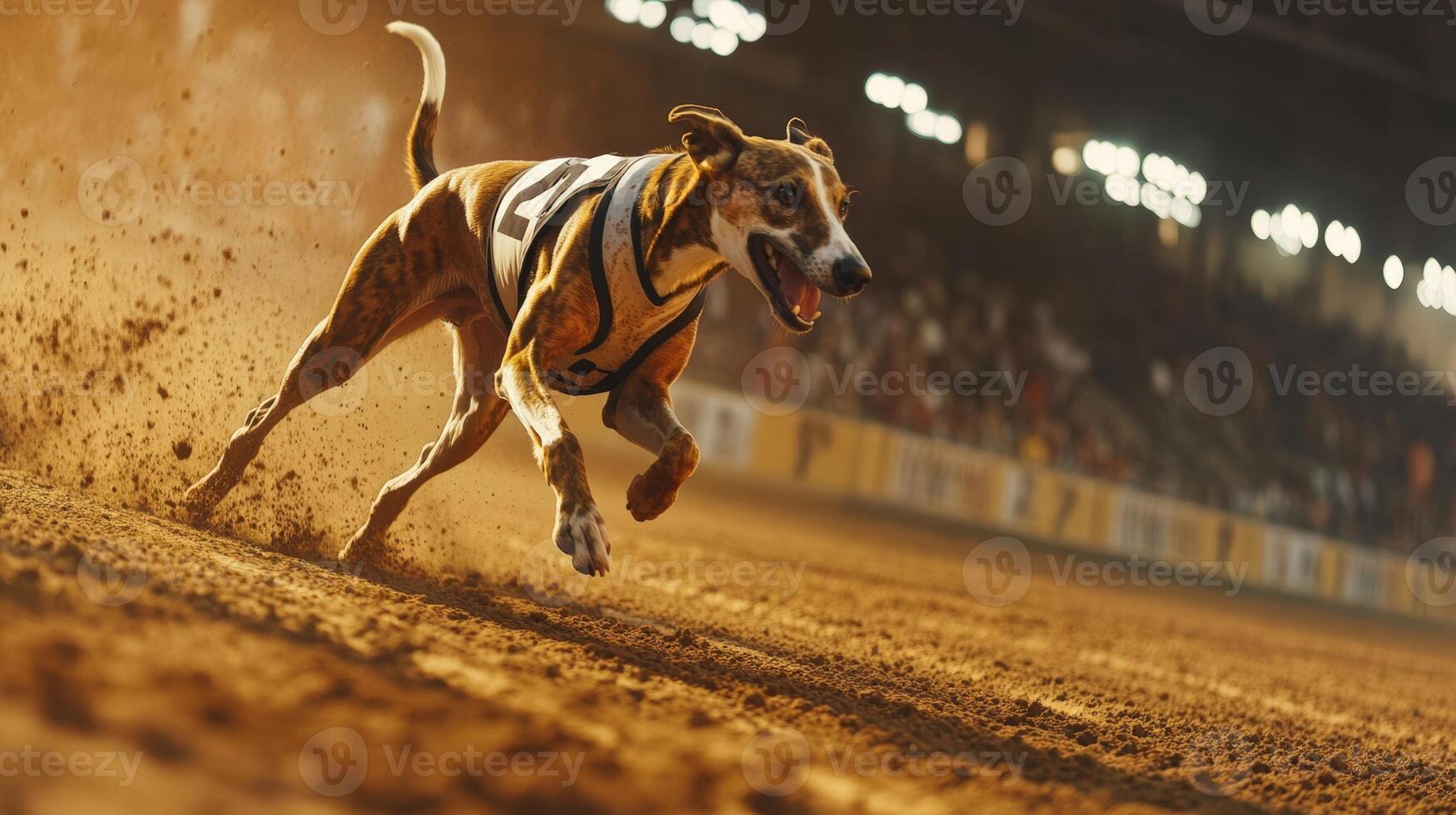 A greyhound racing in a dirt track photo