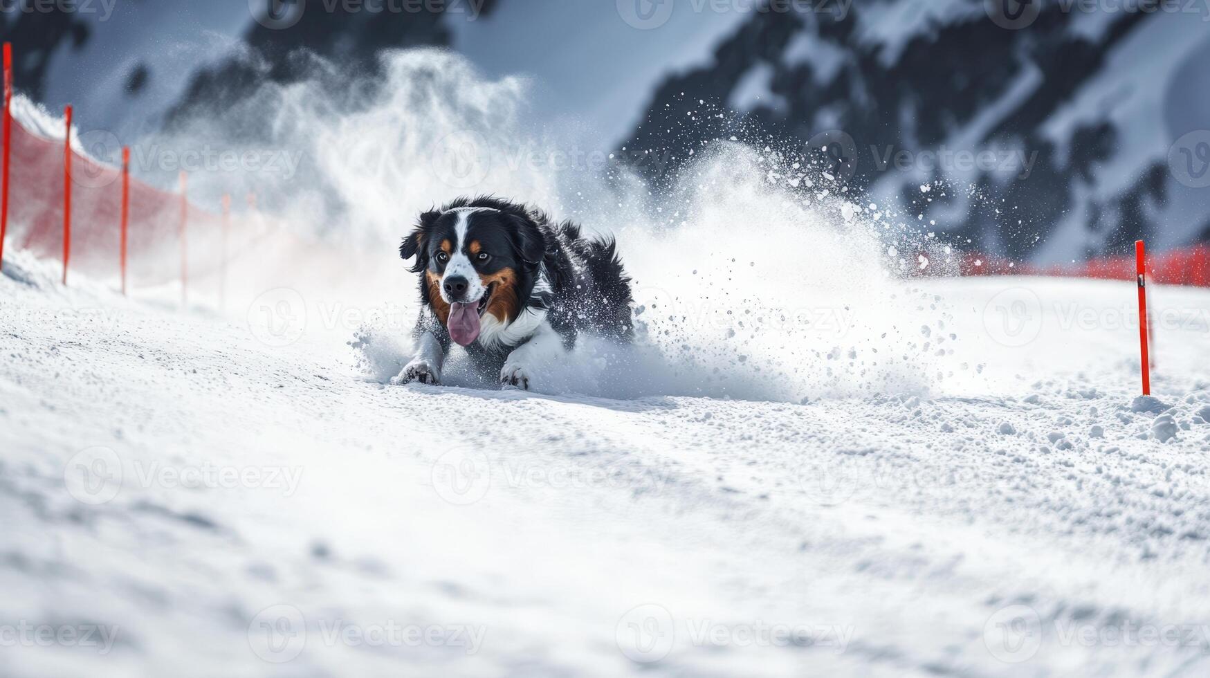 A dog running down a snowy slope photo