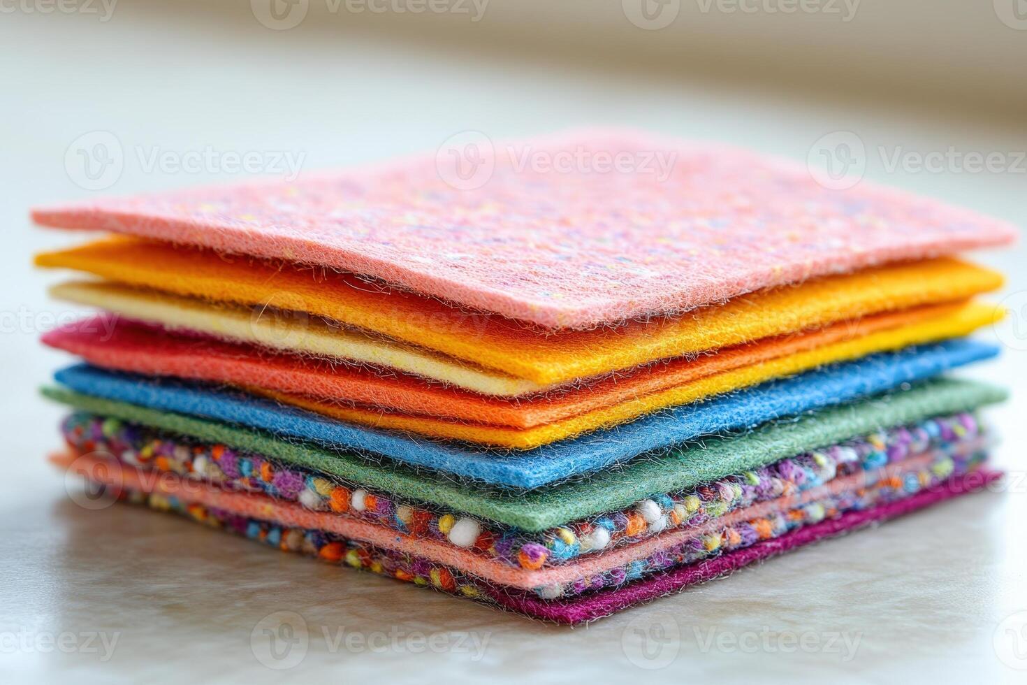 A stack of colorful felt squares on a table photo