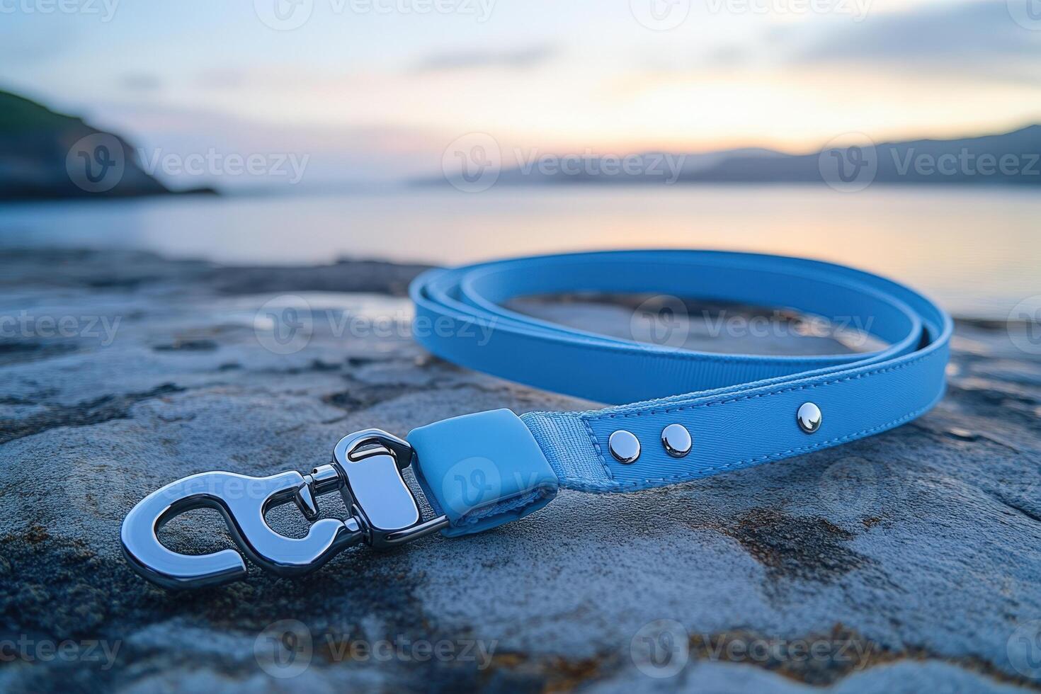 A blue leash with a metal clasp on a rock photo