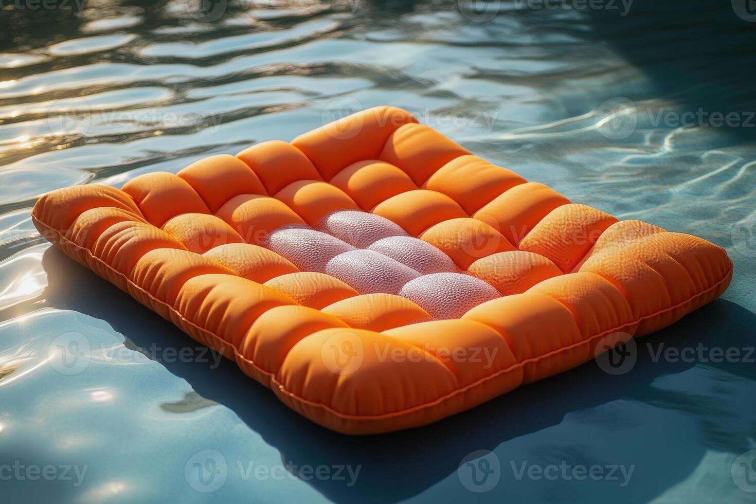 An orange inflatable cushion floating in a pool photo