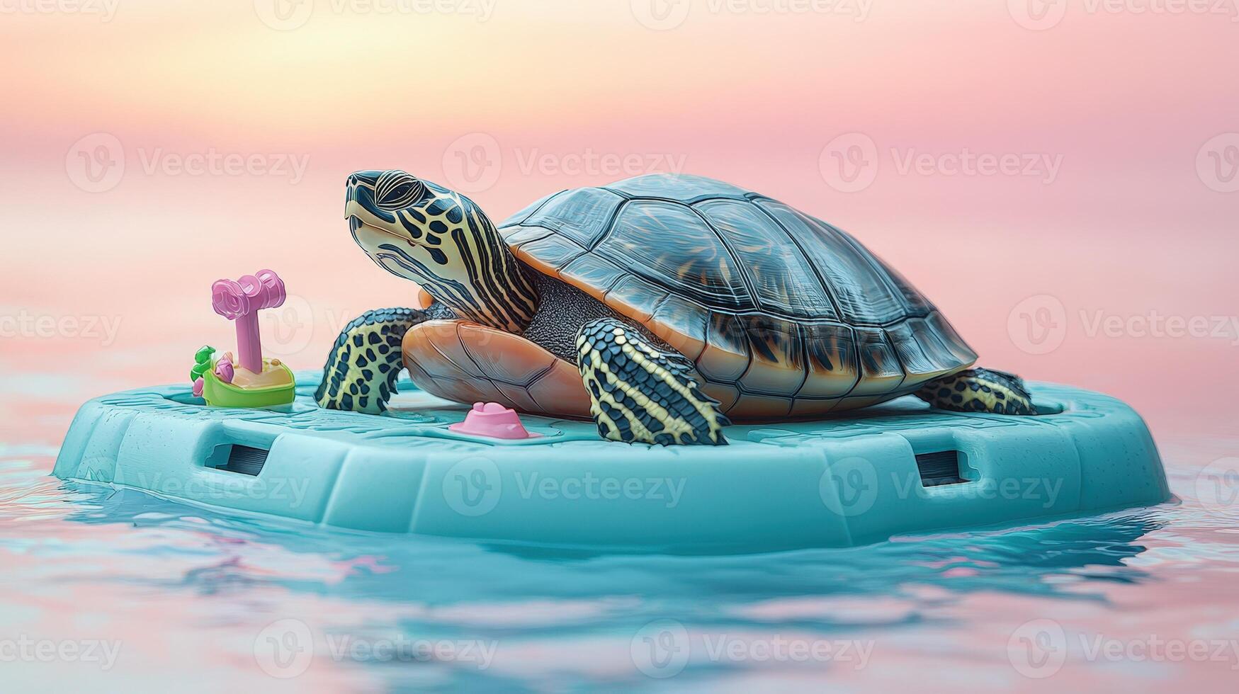 A turtle is sitting on top of a toy float photo