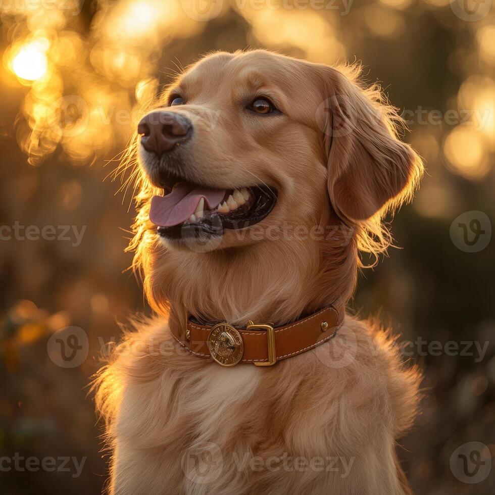 A golden retriever wearing a leather collar photo