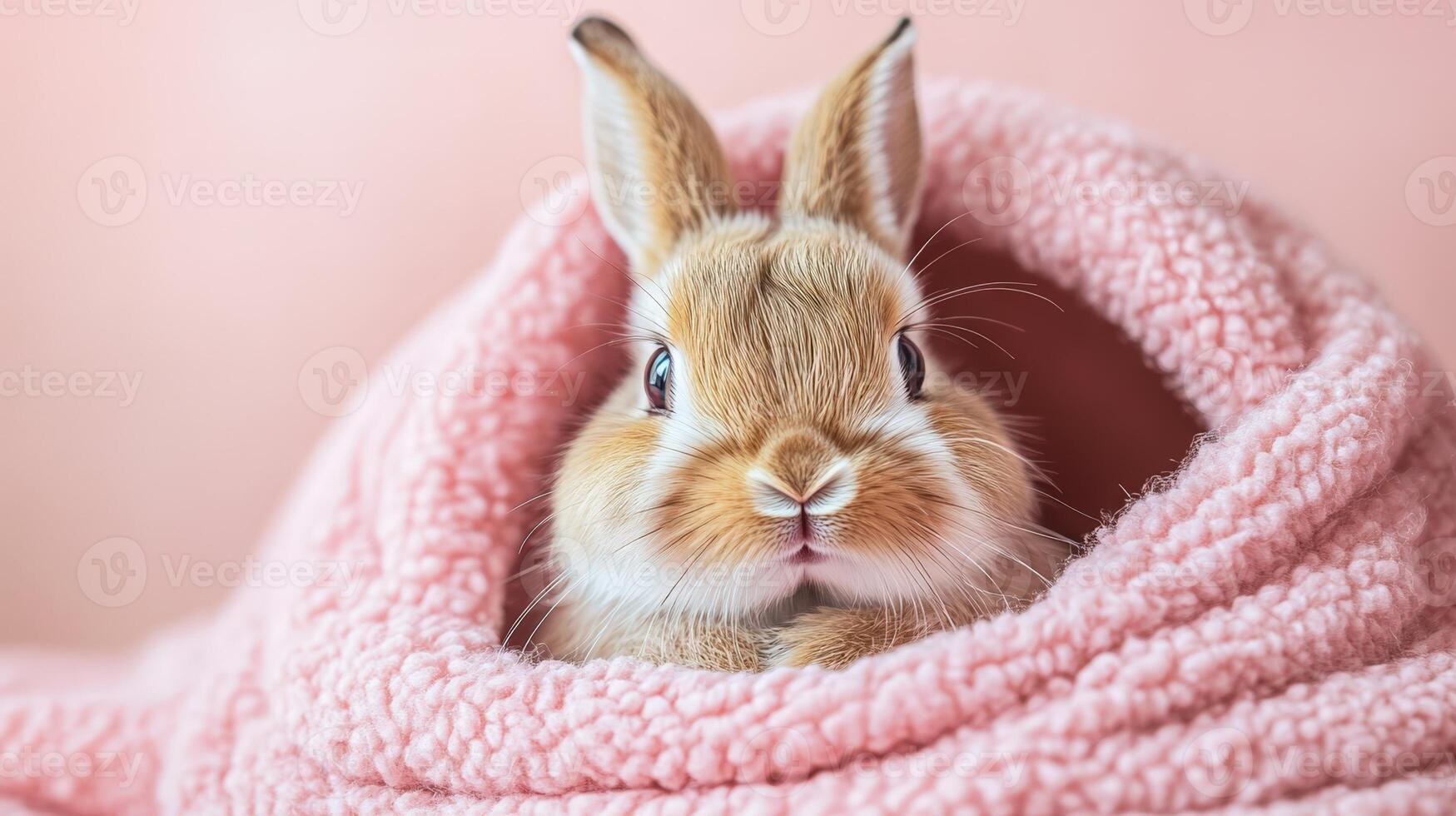A small rabbit is wrapped in a pink blanket photo