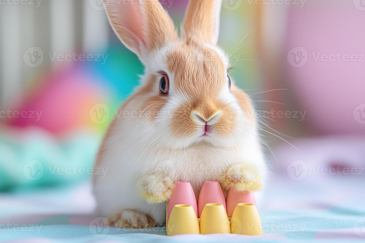 A Rabbit Sitting with Egg Shaped Toys photo