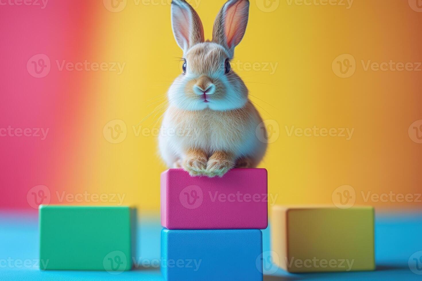 Rabbit Sitting on Colorful Blocks. photo