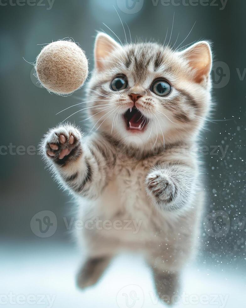 A kitten is playing with a ball in the snow photo